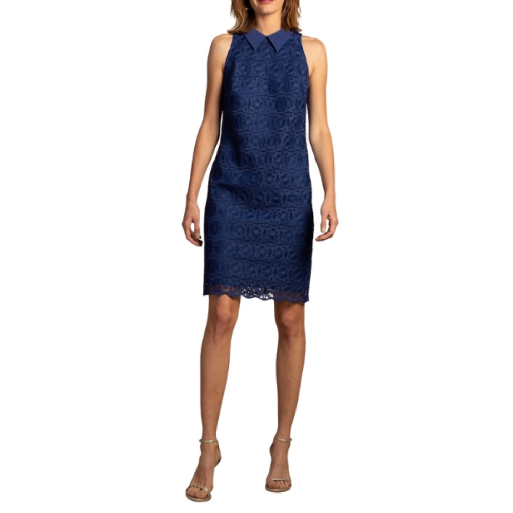 Trina Turk Collared Sleeveless Lace Dress In Blue Jewel, Size 8